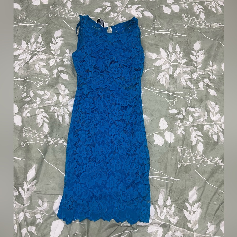BEBE vintage Blue Lace  half mesh Sheath Dress - Women's Elegant Cocktail Dress